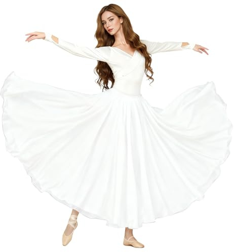 Baisdan Donna Gonna in Chiffon per Danza del Ventre, Gonne Flamenco a Cerchio Completo per Costumi di Halloween, Carnevale Spettacoli, Bianco, Taglia Unica