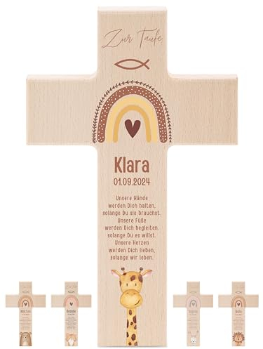 wunderwunsch - Personalisiertes Taufkreuz mit hochwertigem Spezial-Druck aus massivem Buchenholz - Taufe Geschenk - Holzkreuz Taufe (Giraffe)