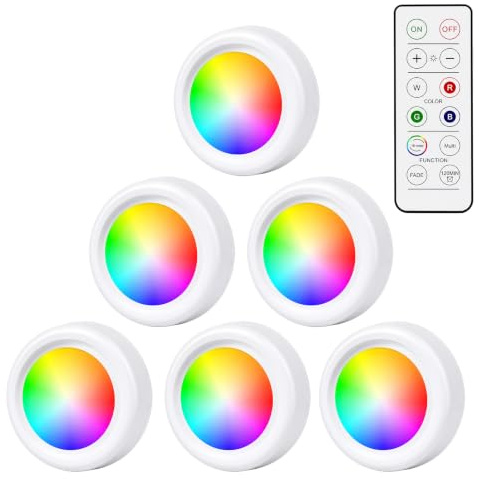 LED RGB Spots Batteriebetrieben mit Fernbedienung, 16 Farbwechsel Schrankbeleuchtung Dimmbar Vitrinenbeleuchtung Kabellos LEDS Touch Lampe Timer und Memoryfunktion LED Spot Batterie zum Klebepads (6)