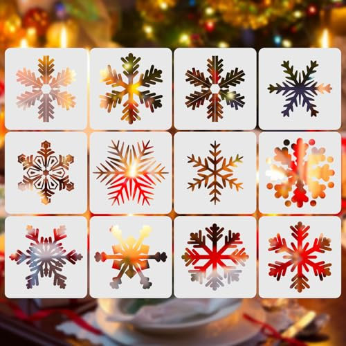 12 Stück Weihnachten Schneeflocke Schablone Kunststoff Schablone für Malerei Zeichnung DIY Fenster Wand Handwerk Karte machen Scrapbooking Stempel