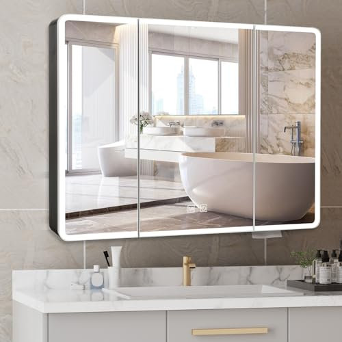 Buildonely Badezimmer Spiegelschrank mit LED Beleuchtung, Spiegelschrank Bad mit Antibeschlag-Funktion, Touchscreen-Steuerung, 90 x 70 cm, Schwarz, Aluminiumlegierung
