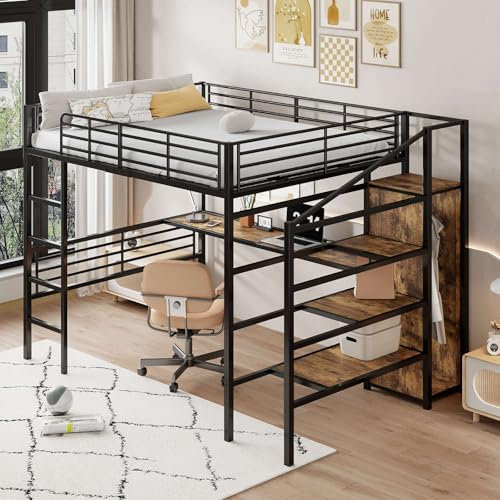 PUGSDRLY Lit Mezzanine 140x200cm Avec Bureau, Escalier de Rangement et Armoire Ouverte - Design de Clôture Haute Pour Enfant, Adolescent et Adulte - Noir (LIT-C)