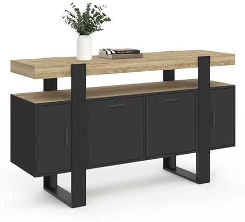 IDMarket - Buffet 140 cm Phoenix 4 Portes Noir avec Plateau Bois