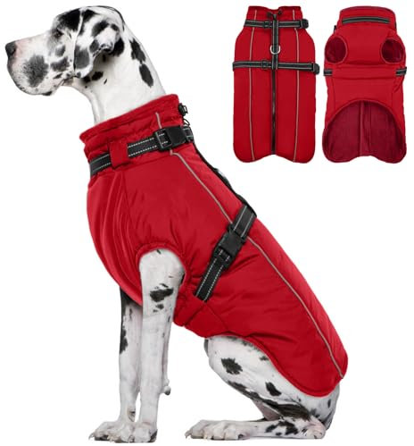 Lelepet Hundemantel für den Winter, Warme Hundejacke mit integriertem Geschirr, Winddicht Mantel mit Fleece Gefüttert für Hunde, Reflektierende Hundeweste für Kaltes Wetter, Rot 3XL
