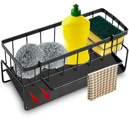 Kitchen Sink Organiser Black, Dishrag Dishcloth Holder Rack, Removable Sink Storage Rack, Sink Caddy with Self Draining Tray, Universal Sink Tidy Organizer, Dishcloth Hanger for Kitchen Sink Bathroom