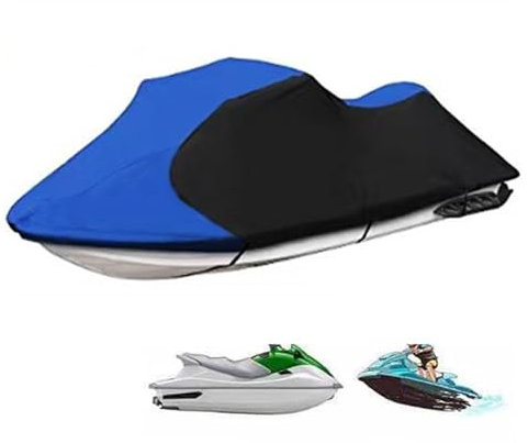 Trailerable Housse de Jet Ski Imperméable 600D Bâche de Jet Ski RéSistante Aux UV Housse de Protection Jet Ski Durable Housse de Bateau a Moteur(Black Blue,Fits from 116-135)