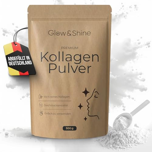 Glow & Shine Kollagen Pulver 500g – Premium Hydrolysat [Abgefüllt in Deutschland] | 100% Rein & Ohne Zusatzstoffe | Geschmacksneutral | Kollagen Peptide Typ 1 & 3 | Perfekte Löslichkeit