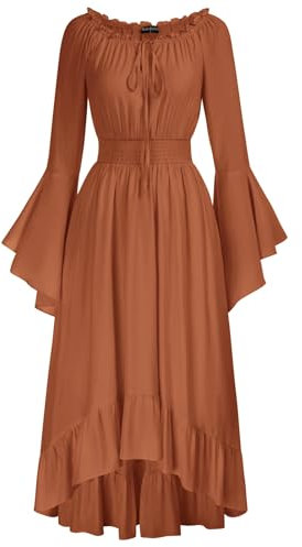 SCARLET DARKNESS Medieval Renaissance Dress Off The Shoulder Long Bell Sleeve High-Lo Vintage Dresses for Women UK Rust L