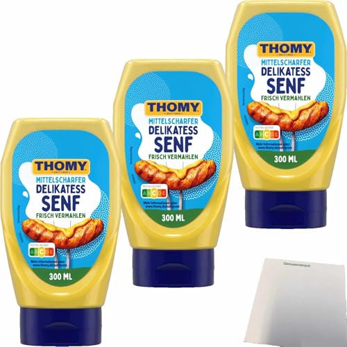 usy Bundle für Thomy Delikatess Senf Mittelscharf Frisch vermahlen 3er Pack (3x300ml Flasche) + usy Block