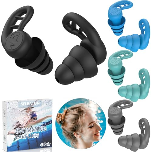 Lot de 4 paires de bouchons d'oreilles de natation pour adultes, imperméables, réutilisables, en silicone coloré pour natation, surf, plongée, douche et piscine, plage (Noir, Gris, Bleu, Vert)