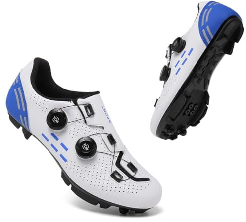 Cycling Shoes Mens Road MTB Cycling Shoes SPD-SL Compatible with Peloton Bike Indoor Outdoor Road Bike Riding Shoes Men's & Women's Black (White Blue - MTB,6)