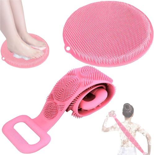 QUPOLPOL Brosse Dos Silicone Long Manche + Tapis Massage Pieds Douche – Kit Bain Exfoliant Antidérapant, Accessoire SPA Relax Maison pour Femme & Homme (Rose, standard)