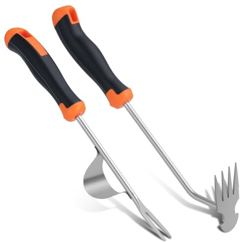 2 Pièces Désherbeur Manuel, Outil de Désherbage à 4 Dents en Acier Inoxydable, Sarcloir Griffe en V avec Manche Ergonomique Antidérapant pour Jardin, Terrasse, Désherbage, Aération du Sol et Binage