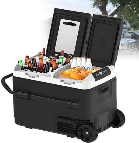 Dual Zone Car Refrigerator, -4℉-68℉ Electric Cooler Freezer, 12/24V DC, Bluetooth & Large Wheels for Travel, Camping, Truck, RV | Portable with Quiet Cooling,Withbattery-40L