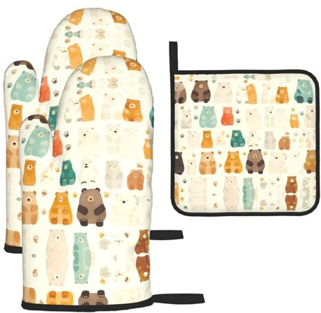 WZYWHJ Ensemble de 3 gants de cuisine épais et de support à casseroles Motif ours brun Blanc