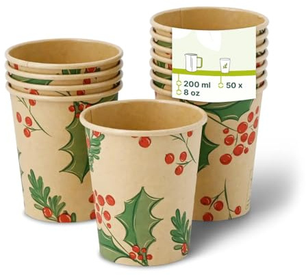 GREENBOX - Pappbecher Winter Zweige 200 ml / 8 oz, Ø 80 mm, ungebleicht, 50 St.
