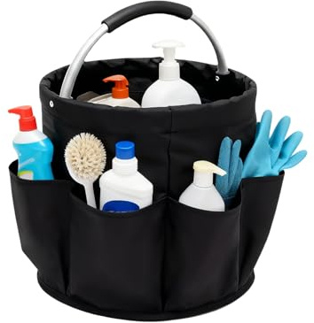 XRVRILE Putzmittel Organizer, Faltbare Putztasche, 17L Putzkorb mit Griff und 6 Fächern, Tragbar Reinigungstasche, Cleaning Caddy Aufbewahrung für Badezimmer Wohnzimmer Garten Camping (28x28cm