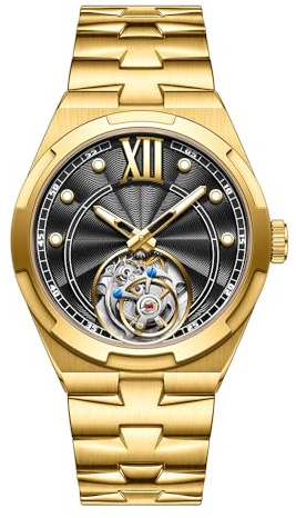 JDLERMY Men Real Tourbillon Skeleton Diamond Automatic Self-Wind Mechanical Wrist Watch Sapphire Crystal Business Double-Sided Hollow Waterproof Clock Luminous Stainless Steel Wristwatch