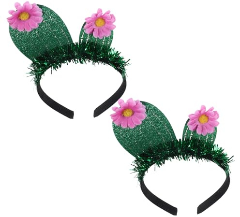 2 Stück Kaktus Haarreif mit Glitzer und Blüten Grün für Partys | Filz und Stoff, Niedlicher Look, als Deko und Selfie Accessoire, für Geburtstag und Hochzeit
