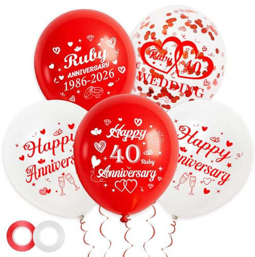 40th Wedding Anniversary Decorations Balloons - Happy 40th Anniversary Decoration and Confetti Balloons for Couples, Party Balloon Set for 40 Years Ruby Wedding Anniversary Decor