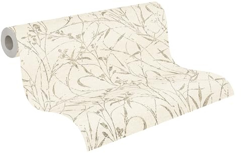 A.S. Création Floral-Vliestapete – Beige, Grau, Gelb – 10,05 x 0,53 m | Florales Floral-Motivals Akzent – schimmernde Motivtapete im Metallic-Look, einfach zu verkleben & spurlos abziehbar