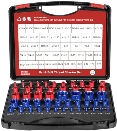 Nut & Bolt Thread Checker Set – Metric & Imperial Aluminium Alloy Thread Gauge, 50PCS Screw Thread Identifier with Storage Box for Auto Repair, Garage & DIY