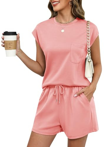 Rapbin Womens Tracksuit Set Two Piece Outfit Loungewear Co ord Sets Casual Summer Cap Sleeve Tops and Shorts Bottoms with Pockets Drawstring