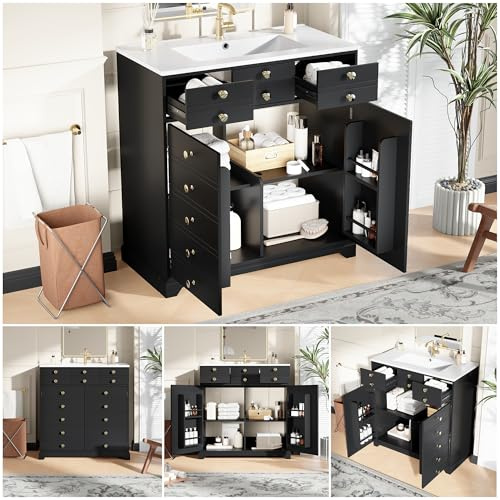 luckdect Meuble de Salle de Bain avec Vasque Céramique 91.5 cm, Meuble sous Lavabo avec Tiroirs et Étagère Réglable, Grand Espace de Rangement, Portes Soft-Close, Noir et Or, Meuble Vasque Moderne