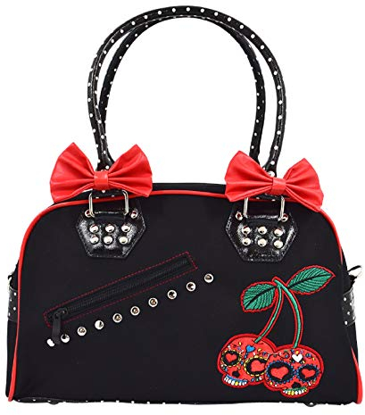 Lost Queen Cherry Bomb Skull Cherries Polka Dot Bow Handtasche Rockabilly Schwarz Rot
