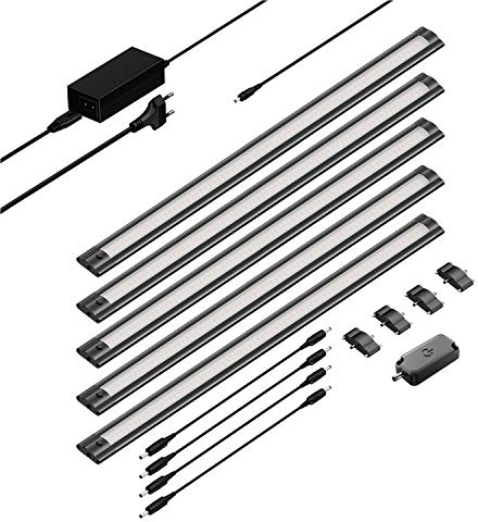 ledscom.de 5er Set LED Unterbau-Leuchte SIRIS schwarz matt mit Touch-Dimmer, flach, je 50cm, je 531lm, warmweiß