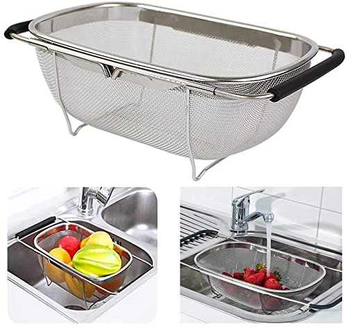 HOJKMA Over The Sink Colander, Stainless Steel Fine Mesh Expandable Oval Strainer Basket with Rubber Grip Handles 4 Quarts Colander for Kitchen Sink, Strain, Drain, Rinse Fruits, Vegetables, Black