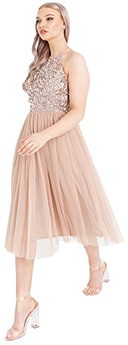 Maya Deluxe Women's Ladies Midi Dress with Halter Neck Tulle for Evening Graduation Prom Wedding Bridesmaids Ball Gown, Taupe Blush, 14