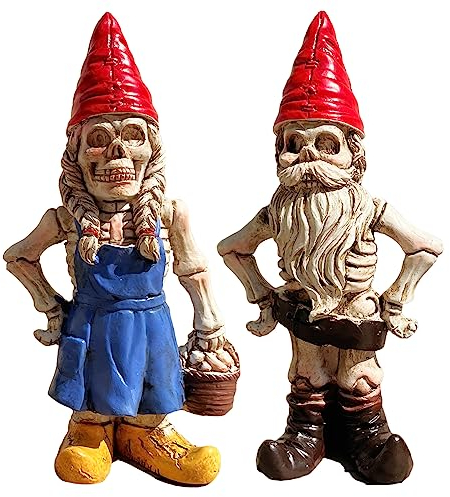 2PCS Male and Female Skeleton Gnome Couple Garden Gnomes Statue Zombie Gnome Sculptures Resin Dwarf Figurines for Indoor Home Ornaments Outdoor Patio Yard Lawn Porch Decor