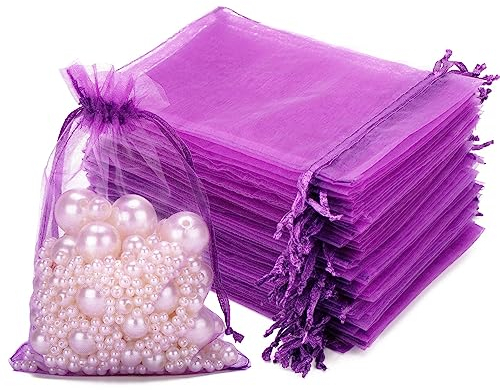 jijAcraft Groß Organzasäckchen 10 × 15CM, Lila Organza Beutel, 100 Stück Organzasäckchen Geschenk, Organza Schmuckbeutel mit Kordelzug für Süßigkeiten, Geschenk