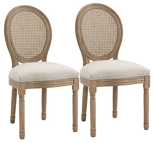 HOMCOM Set 2 Sedie per Soggiorno in Stile Vintage con Schienale Traforato, in Legno e Tessuto, 49x56x96cm, Bianco Crema