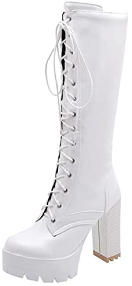 QZPM Stivale Donna al Ginocchio Biker con Zip Tacco Grosso Plateau Retro Anfibi Stivaletti Alti,Bianca,39 EU