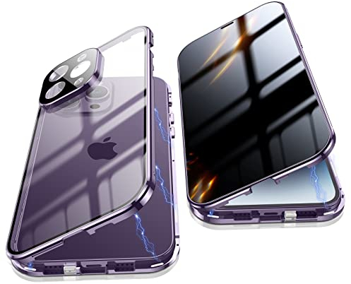 Jonwelsy Anti Peeping Case for iPhone 14 Pro (6.1), 360 Degree Front and Back Privacy Tempered Glass Cover, Anti SPY Screen, Anti Peep Magnetic Adsorption Metal Bumper for iPhone 14 Pro (Deep Purple)