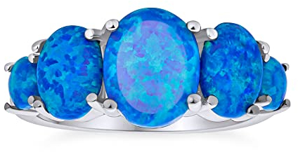 Edelstein 5 Stein Oval Blau Erstellt Opal Halb Eternity Band Ring Für Frauen .925 Sterling Silber Dünn 1Mm Band Oktober Geburtsstein