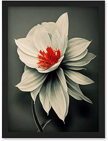Wee Blue Coo Realistic Greyscale Macro Flower Floral Bloom with Orange Red Stamen Artwork Framed Wall Art Print A4