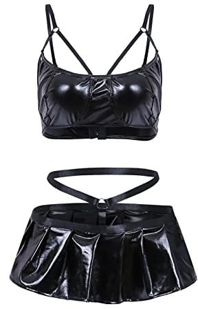 JAXICH Sexy Plus Size Lingerie Women's PU Leather Criss Lingerie Set Bralettes and Mini Skirt Sexy Lingerie for Women Two Piece Black