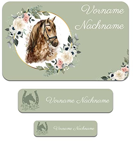 50 x personalisierte Namensaufkleber Sticker mit Wunschname Klebeetiketten zum Markieren Stifte Hefte mit Kinder Name Schule Kindergarten Aufkleber Set (03 Pferde)