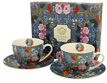 DUO ART GALLERY 2er-Set Tassen 280 ml BLUE mit Untertassen, New Bone China Porzellan