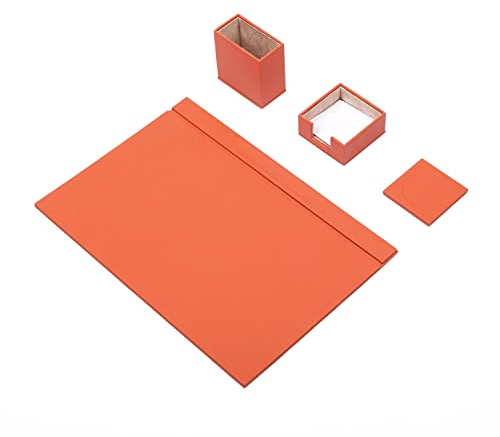 MOOGCO Schreibtisch-Set aus Leder – Schreibtischunterlage – Notizpapierhalter – Stifthalter – Lederuntersetzer – 4 Zubehörteile – Schreibtisch-Organizer – 4 Stück (Orange)