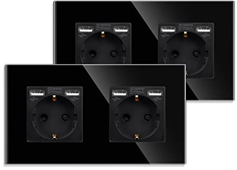 JIMEIDA Lot de 2 prises doubles avec USB en noir, prises Schuko en verre 16 A avec charge rapide, port USB max. 2,1 A, 157 x 86 mm, 250 V, 2 compartiments