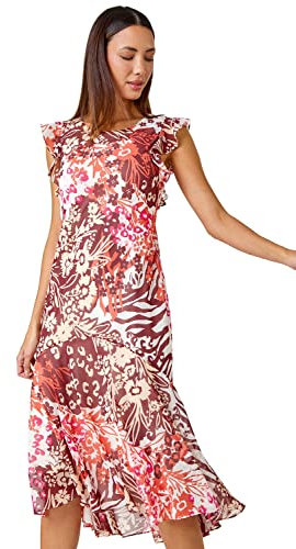 Roman Originals Floral Print Frill Detail Midi Dress for Women UK - Ladies Everyday Holiday Spring Summer Round Neckline Comfy Soft Evening Vacation Work Party - Pink - Size 18