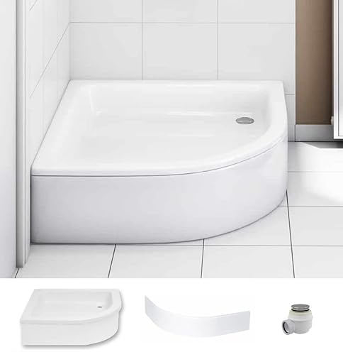 ECOLAM® Duschwanne Duschtasse Grawello Viertelkreis 90x90 x26 cm mit Acrylschürze Tiefe 12 cm R55 Acryl weiß auf Styroporunterseite + Siphon sehr stabil