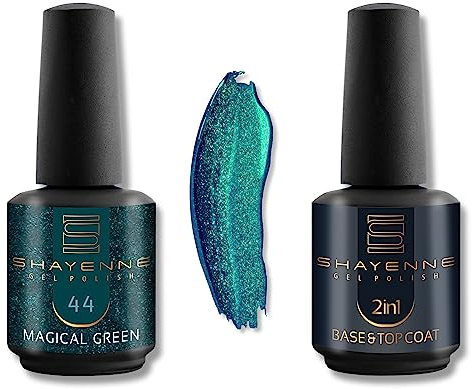 Shayenne 2er Set UV Gel Nagellack 44 Magical Green Grün 15ml + 2in1 Base Coat und Top Coat 15 ml UV LED Lampe Unterlack mit Überlack Nagel Lack Gellack Nagelgel Shellac (30 ml)