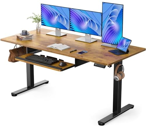 ErGear Standing Desk with Large Keyboard Tray, 160 x 70 cm Height Adjustable Electric Standing Desk Sit Stand Desk with 3 Memory Smart Pannel, Home Office Computer Desk, Vintage Brown