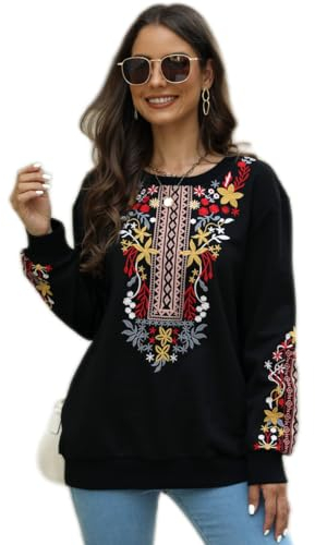 AK Damen Herbst Pullover Casual Outfits Floral Bestickt Mode Hoodies Mexikanische Stilvolle Langarm Pullover, Schwarz, L