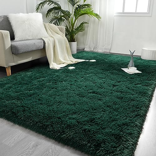 FlyDOIT Großflächige Teppiche für Wohnzimmer, 90 x 150 cm, tiefgrün, zotteliger Teppich, flauschiger Überwurf, ultraweicher Plüsch, modern, flauschige Teppiche für Schlafzimmer, Mädchen, Kinderzimmer,